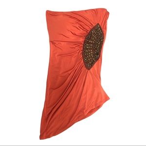 Stretch Ruched Strapless Top w/ Asymmetrical Hem